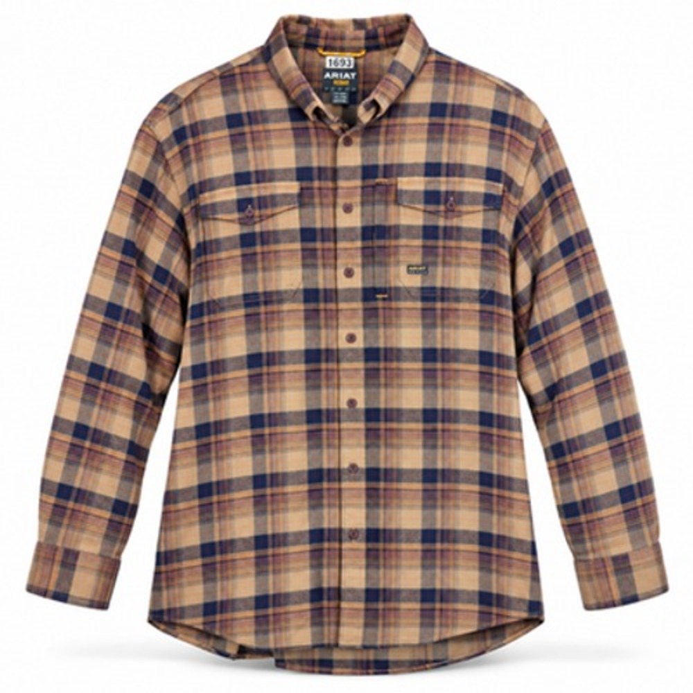 Ariat Rebar Men's 3XL DuraStretch Plaid Flannel Work Shirt Beige 10046636